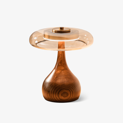 Amber Glass & Wood Mushroom Lamp