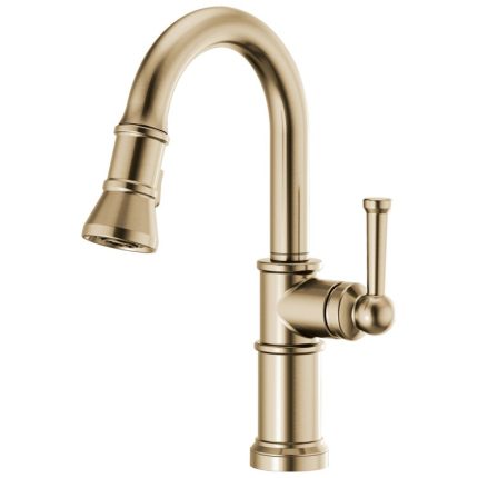 Single Lever ADA Brilliance Luxe Gold Pull Down Prep Faucet with 2 Function Wand Aerated Stream/Spray 360 Degree Swivel 1.8 GPM