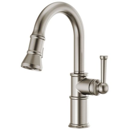 Single Lever ADA Brilliance Stainless Pull Down Prep Faucet with 2 Function Wand Aerated Stream/Spray 360 Degree Swivel 1.8 GPM