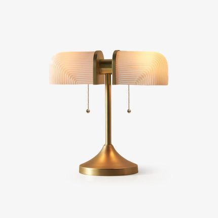 Vintage Brass Ribbed Glass Banker Lamp