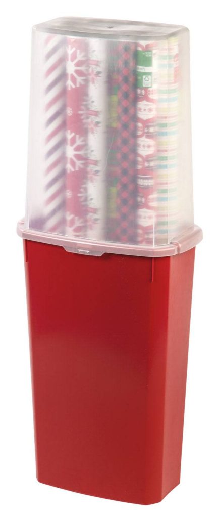 40" Wrapping Paper Storage Container with Built-in Handles, Clear/Red